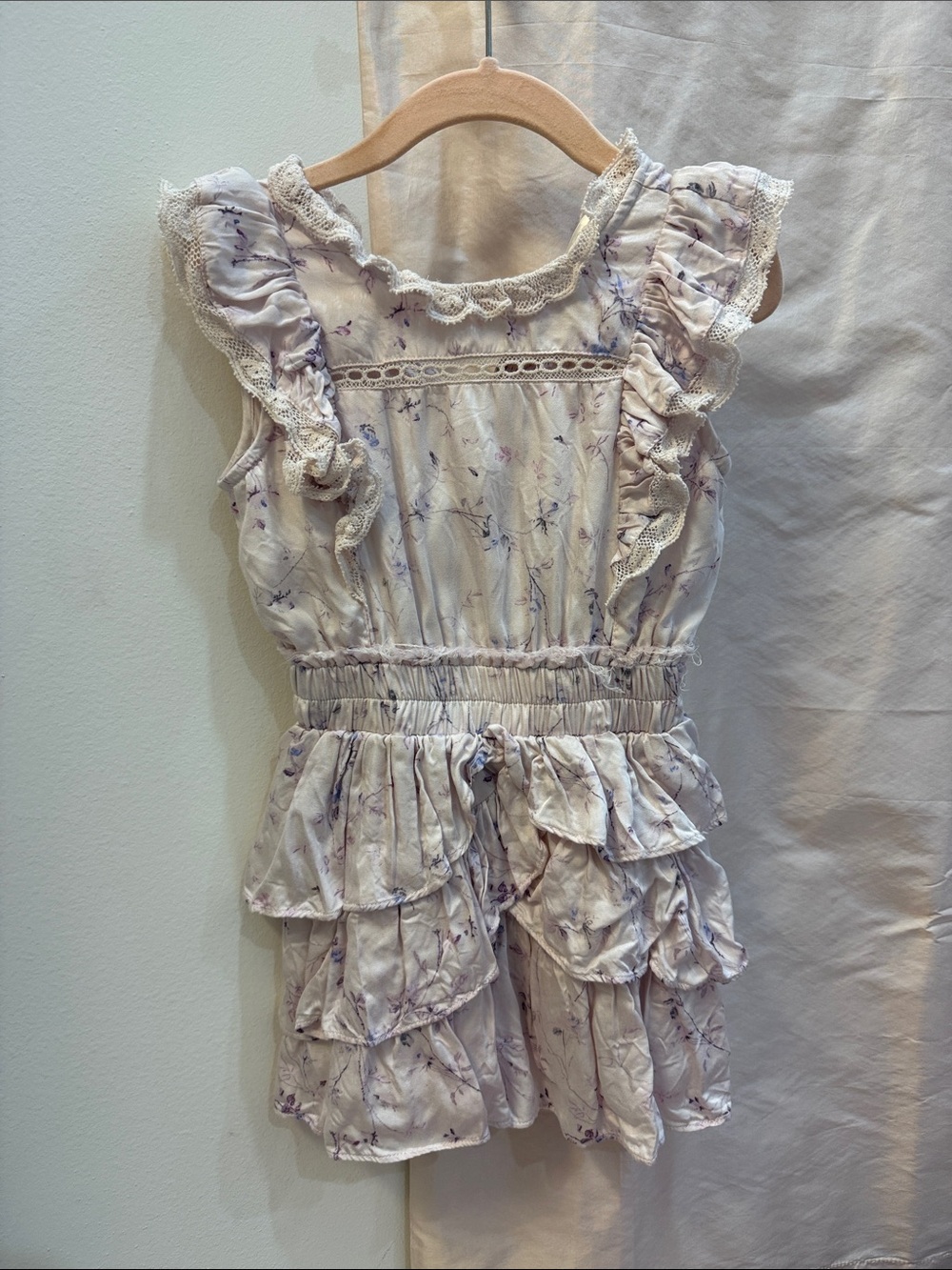 LoveShackFancy Girls Ruffled Floral Dress - Light Lavender and Cream